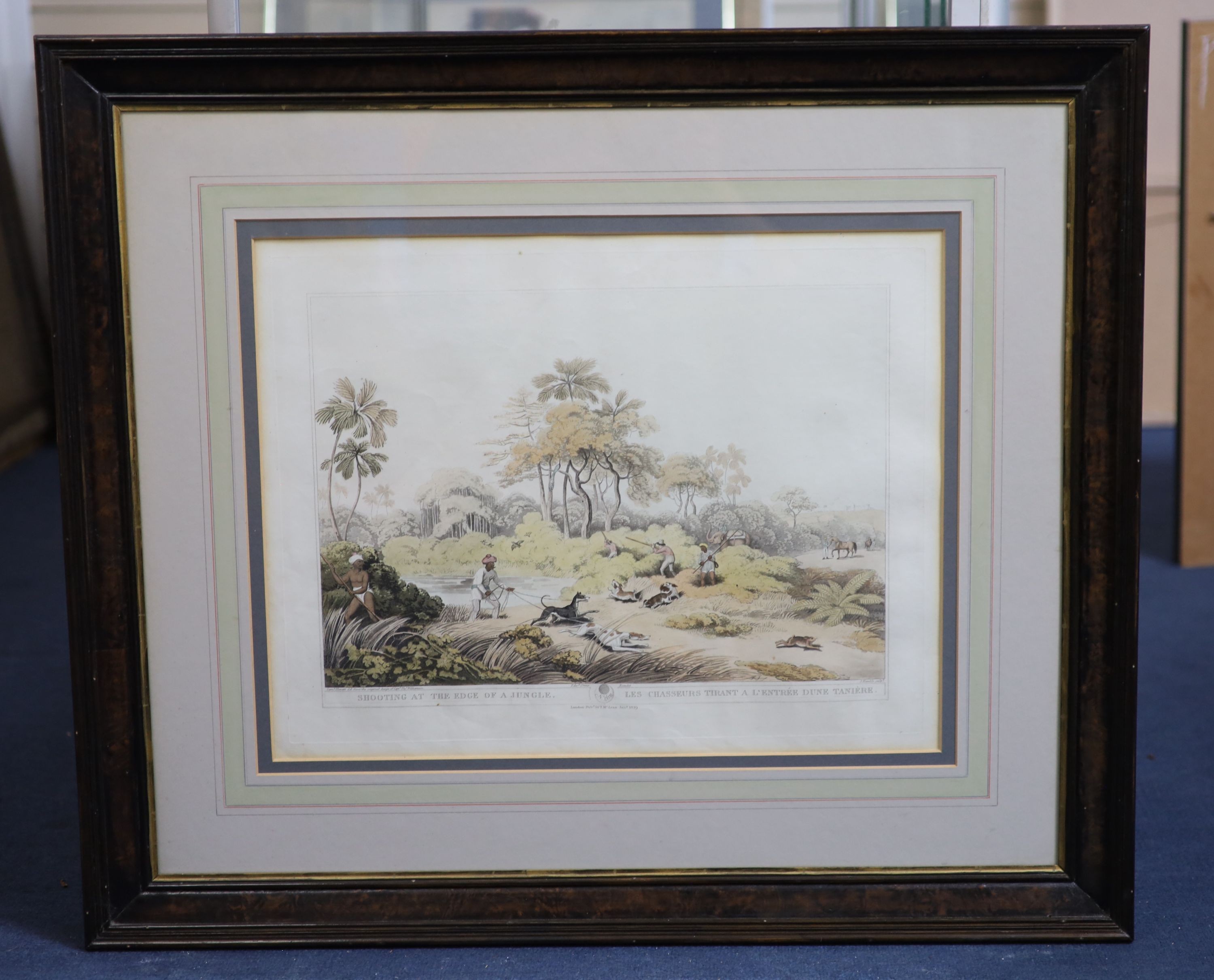 After Samuel Howett and Captain Thomas Williamson, Driving a tiger out of a jungle, Decoy elephants catching a male, A tiger prowling through a village and Shooting at the edge of a jungle, hand-coloured aquatints (4), 3